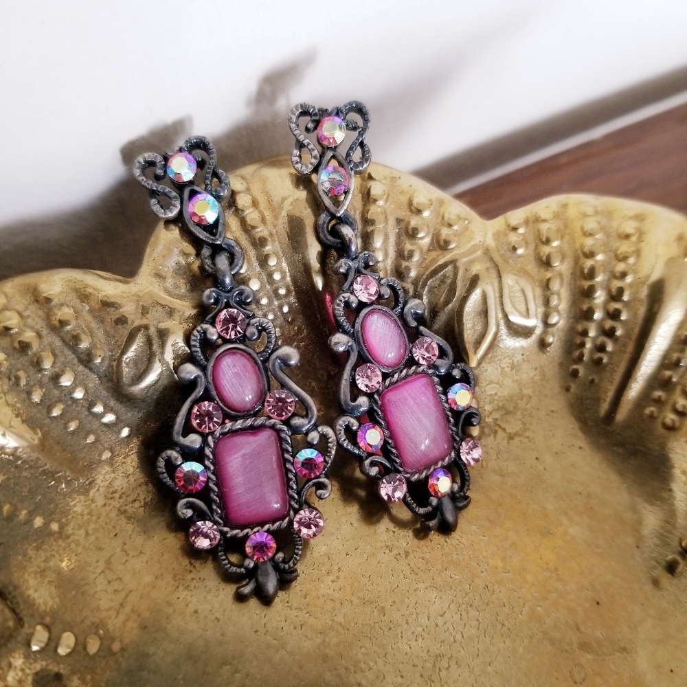 Pink Jeweled Dangle Earrings - Picture 2 of 3